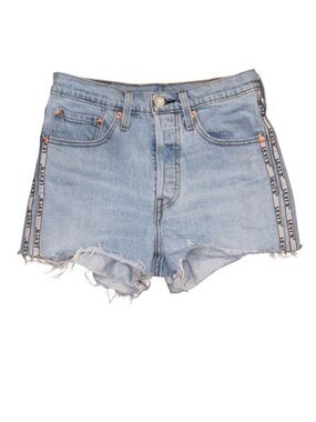 Levi's Light Blue Denim Cutoff Jean Shorts With Brand Logo Side Stripes.